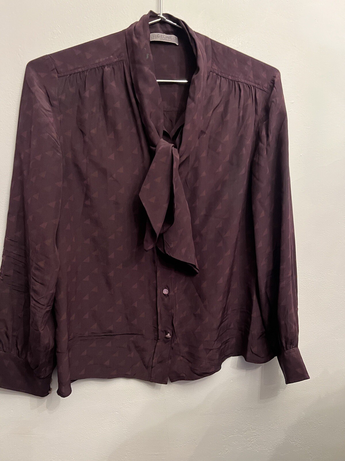 CELINE silk Floral Shirt blouse Top with bow tie Blue white 34