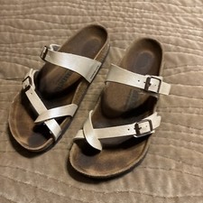 Birkenstock Mayari Toe Loop Sandal Leather Strap Ivory Pearl White Women 37 EUC