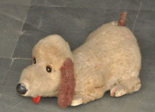 Vintage Fine White Textured Cloth Walking Dog Battery Tin Toy, Japan