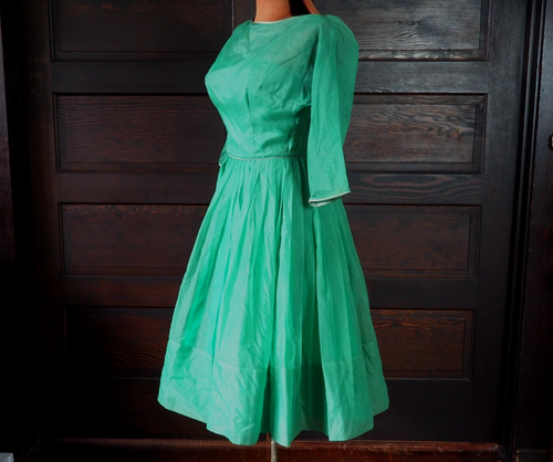 VTG 50s Green Chiffon Rockabilly Pleated Cocktail Prom Sheer Tea Formal Dress S - Picture 2 of 11