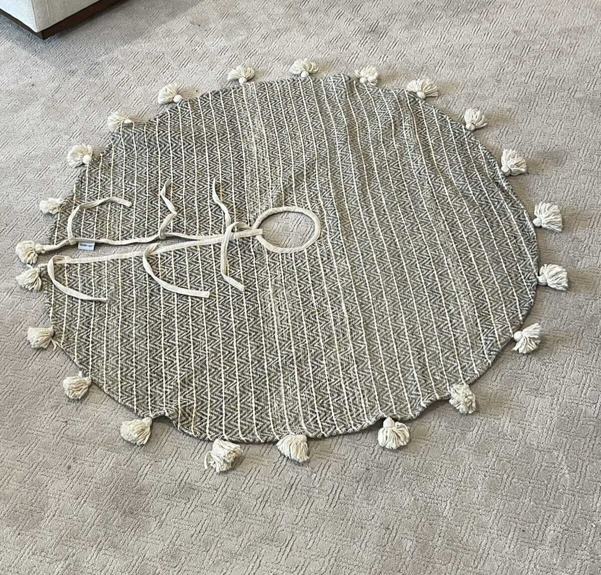 Shabby Chic Christmas Tree Skirt Natural Beige Sage Green Gold Threading Tassels