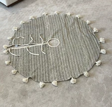 Shabby Chic Christmas Tree Skirt Natural Beige Sage Green Gold Threading Tassels