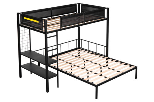 Modern Metal Twin over Full Bunk Bed Frame Wooden Slat with Shelves Black NEW - Picture 4 of 9