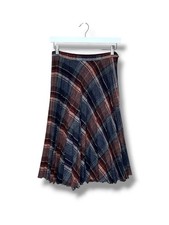 Vintage 70s Wool Blend Plaid Pleated Midi Skirt Red Blue A Line Flared Small