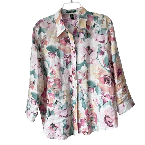 Lauren Ralph Lauren Women Linen Button Up Shirt Size XL Pastel Floral Watercolor
