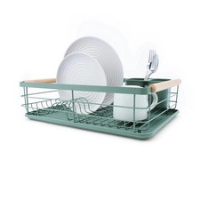 Green Dish Drying Rack With Drip Tray Cutlery Rack And Wooden Handle Kitchen