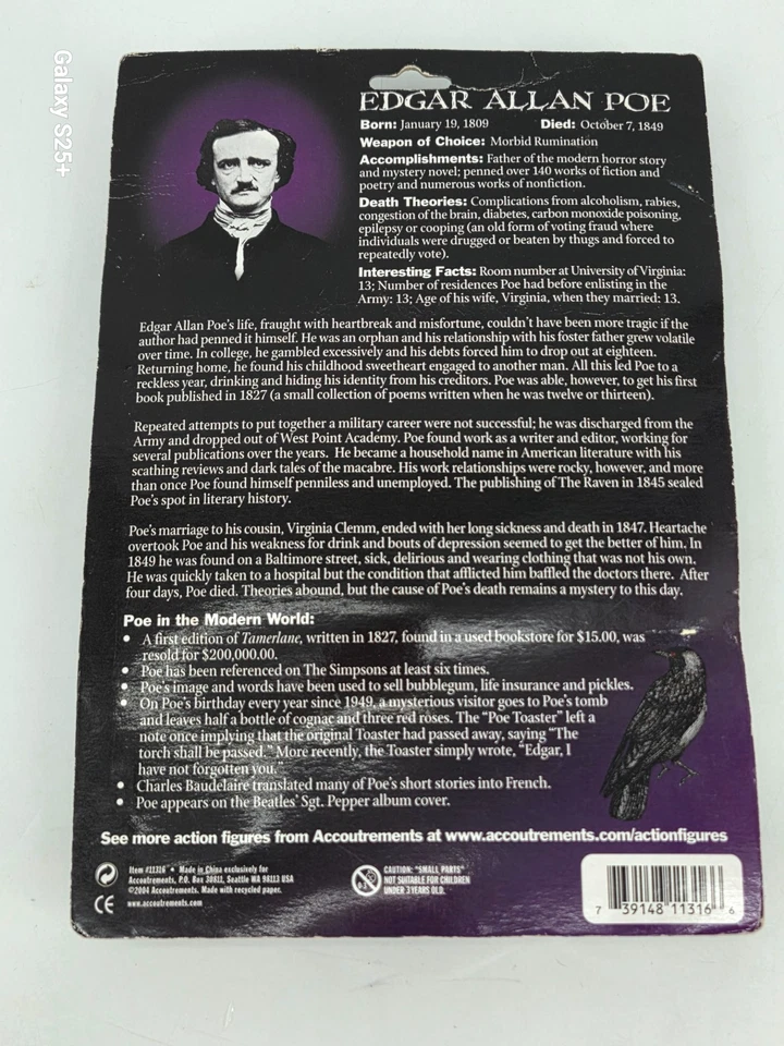 Figura de acción Edgar Allan Poe 2004 Accoutrements Raven *sellada * Foto 2 de 2