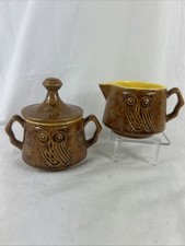 Owl Creamer Pitcher and Sugar Bowl w Lid Brown Yellow Handmade Night Nite Owl