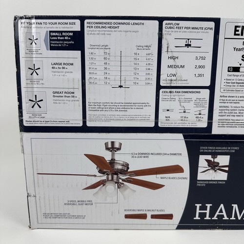 Hampton Bay Sinclair 44 in Brushed Nickel Ceiling Fan W/ Lights Walnut/Maple New - Picture 5 of 9