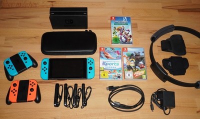 Nintendo Switch, verbessertes Modell, mit Spiel, Sports, Ring Fit, Controllern