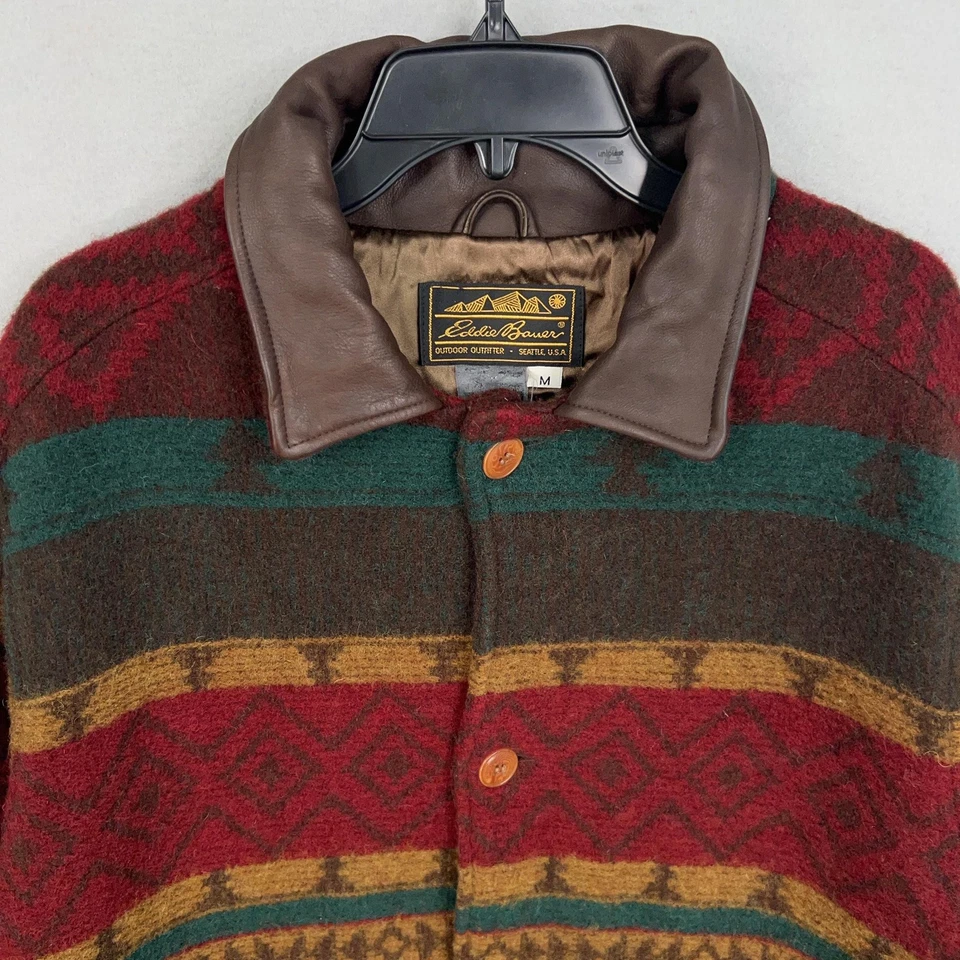 Chaqueta Eddie Bauer Para Hombre Mediana Roja Verde Lana Cuero Cuello Forrado Abrigo Azteca Foto 4 de 4