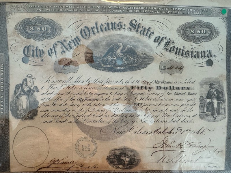 New Orleans, LA- City of New Orleans $50 Oct. 1, 1868 Bond.