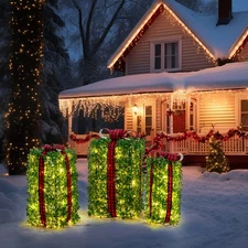 Set of 3 Pre-lit Lighted Artificial Greenery Gift Boxes Nestable Present Boxes