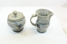 Petrakovitz Pottery Cream & Sugar With Lid Set Grey Blue Floral Pattern