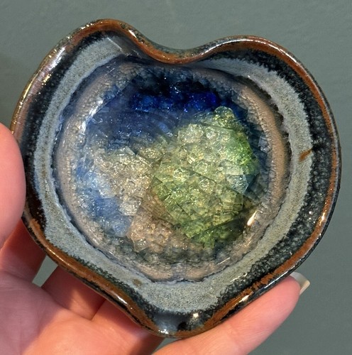 Art Pottery Glazed Heart Ring Trinket Dish W/ Crackle Glass Made In The USA