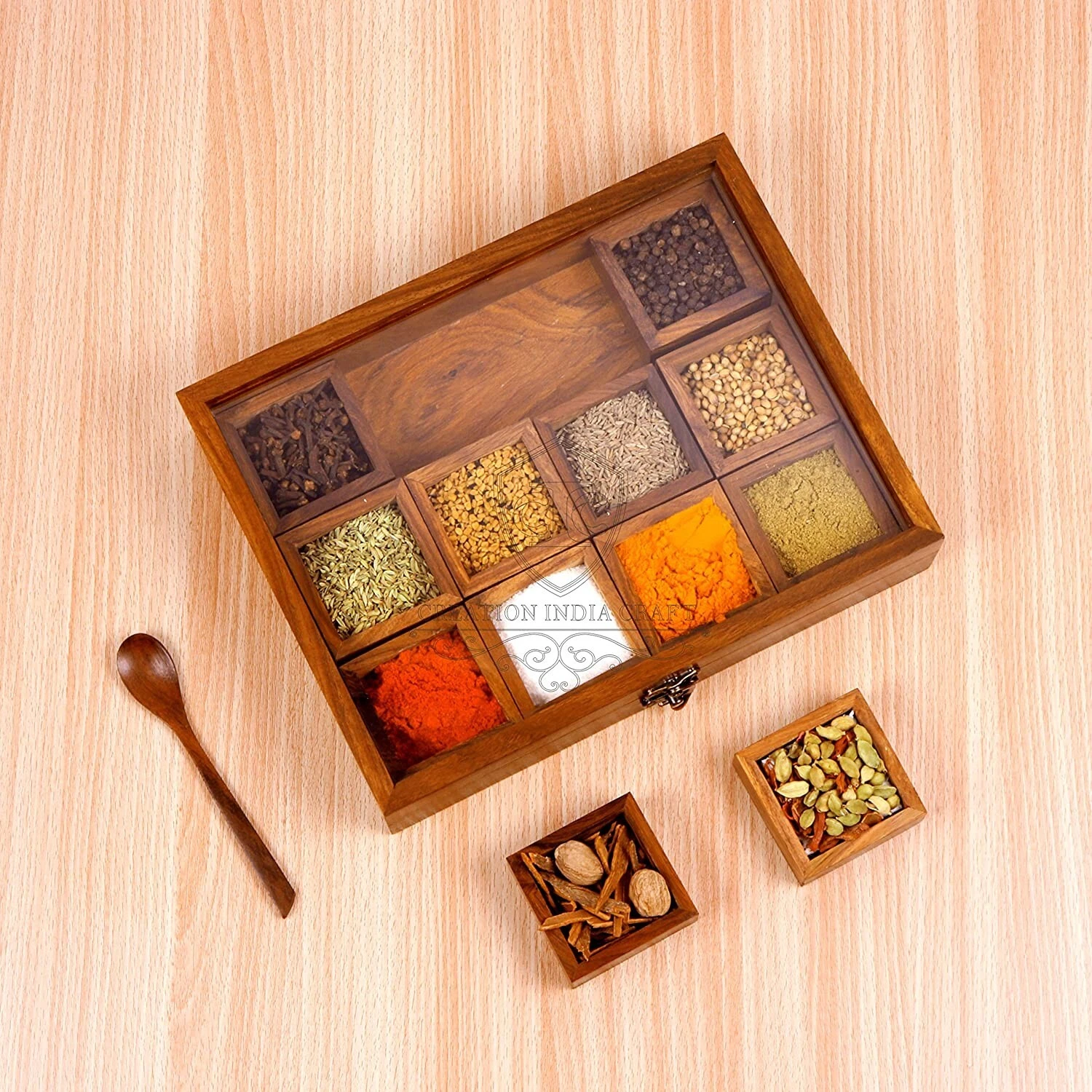 Spice Box 12 Compartment With Spoon Masala Dabba Wooden Kitchenware Storage Jar