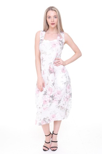 Damen Italienische Lagenlook Blumenmuster Ärmellos 2 Taschen Leinen Tunika Langes Kleid - Bild 18 von 50