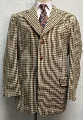 Men's 1950s 1960s Harris Tweed Jacket Dunn & Co Beige Houndstooth
