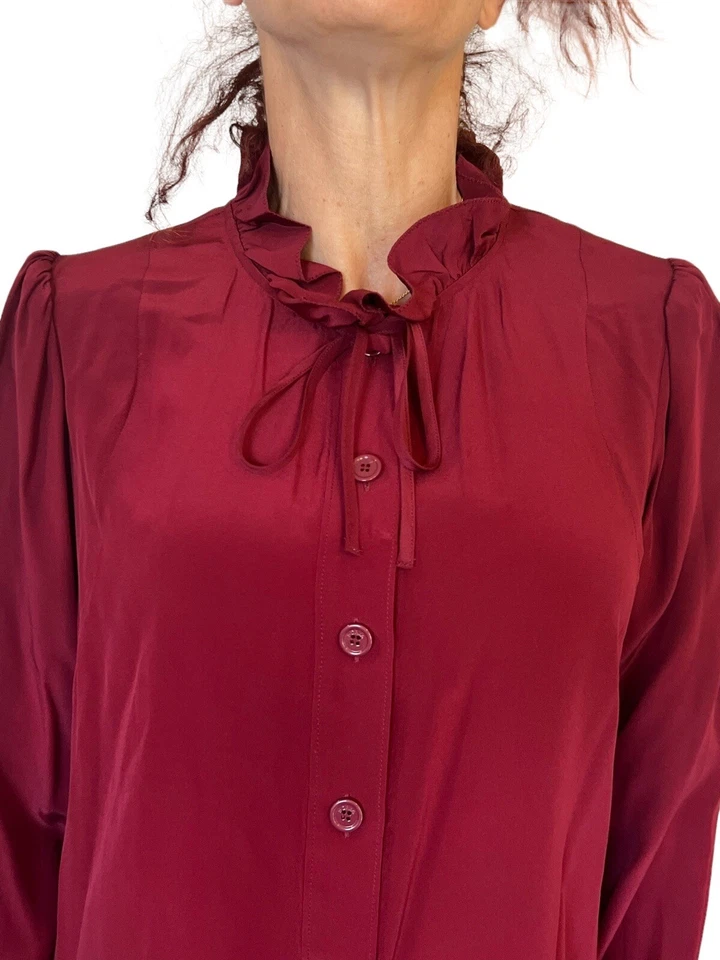 SONIA RYKIEL ЖЕНЩИН БЛУЗКА ШЕЛК КРАСНЫЙ КНОПКА ВВЕРХ ОБОРКОЙ ВОРОТНИК ГАЛСТУК 42 M - Изображение 3 из 4