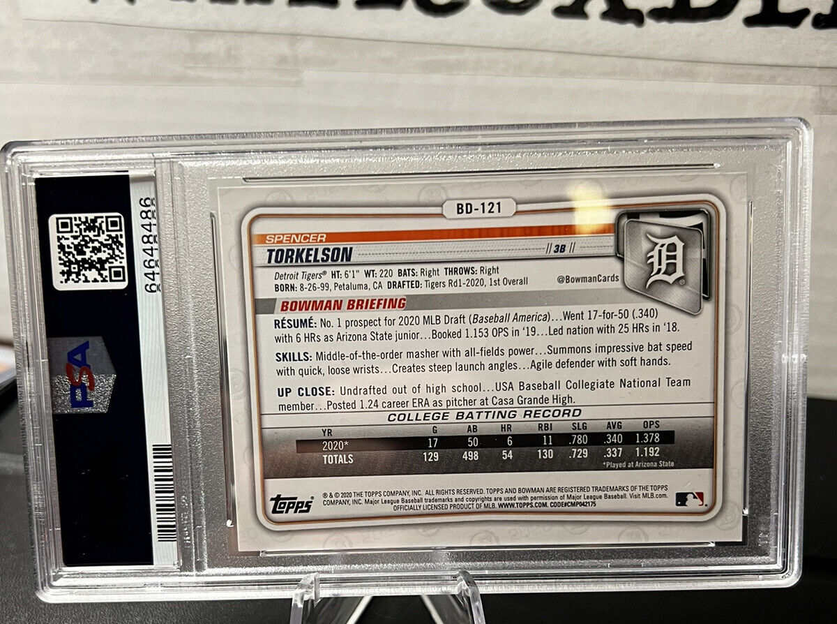 2020 Bowman Prospects Spencer Torkelson Rc #BD121 PSA 10 1st 2020 Bowman Prospects Spencer Torkelson Rc #BD121 PSA 10 1st