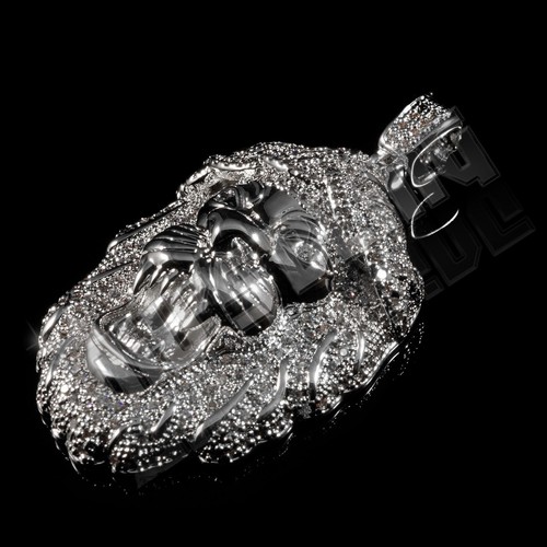 18K White Gold Out Iced CZ Pave Lion Stainless Steel Rope Chain Pendant Necklace - Picture 3 of 6