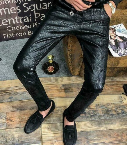 Men Punk PU Leather Snake Skin Slim Fit 