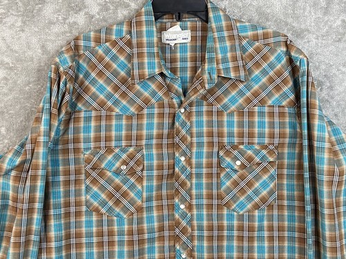 Wrangler Men's Snap Long Sleeve Shirt XL Green Brown Plaid MTW1315 - Picture 2 of 8