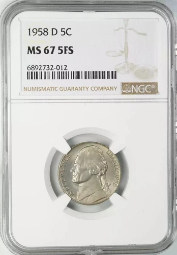 1958 D JEFFERSON NICKEL 5C NGC CERTIFIED MS 67 5FS MINT UNC - FULL STEPS (012)