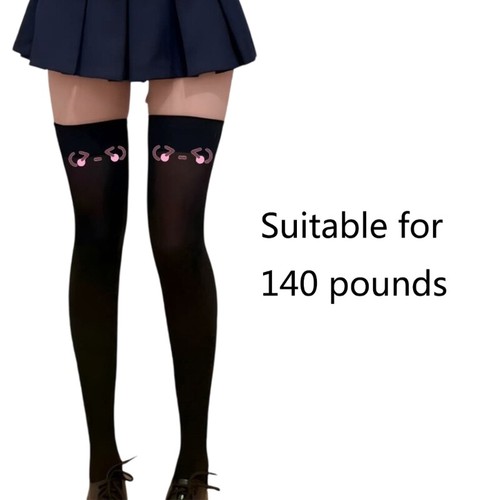 Womens Anime Expression Print Silk Thigh High Stockings Japanese JK Long Socks - Picture 8 of 10