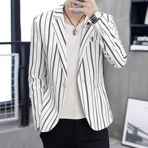 Fashion Mens Black White Striped Lapel Collar Top Blazer Jacket Casual Coat - Picture 1 of 27
