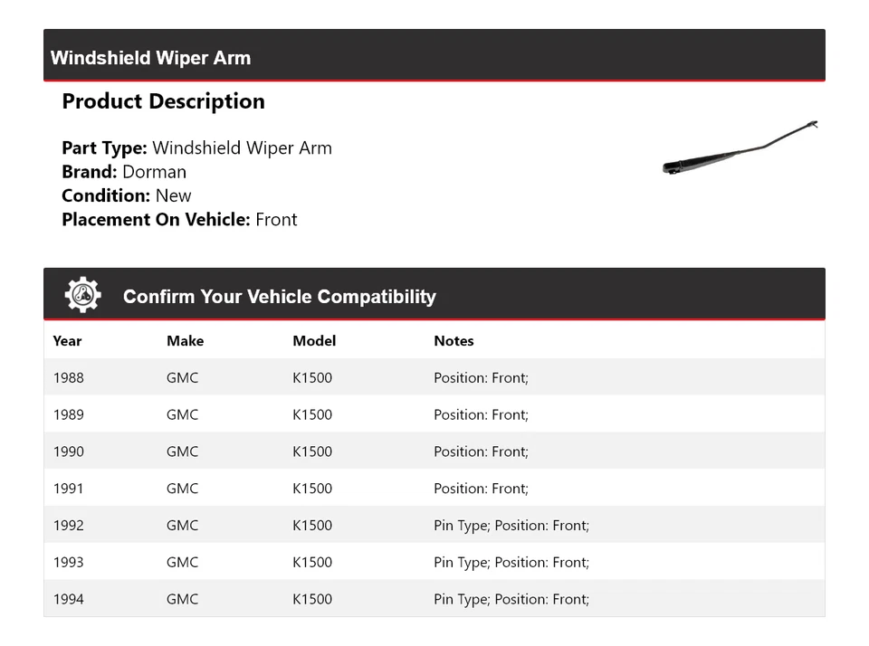 For 1988-1994 GMC K1500 Dorman Windshield Wiper Arm Front 1989 1990 1991 1992 - Image 2 of 3
