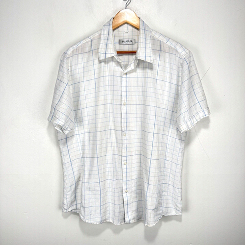 Balmain Paris Short Sleeve Button Shirt XL 43-44 White Blue Check Cotton *READ
