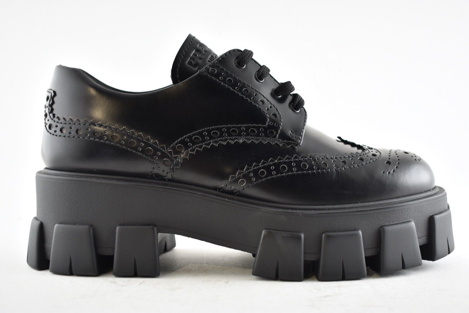 Prada Monolith Brogue Black Leather Platform Loafer Creeper Lace Up Flat 41.5 image 3