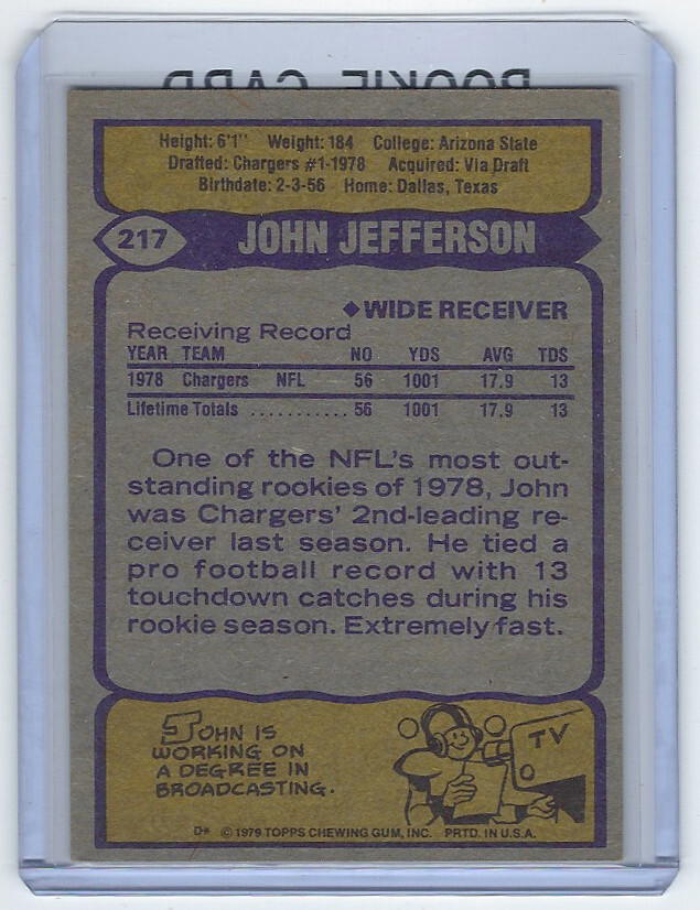 1979 CHARGERS John Jefferson signed ROOKIE card Topps #217 AUTO RC Packers - Picture 2 of 2