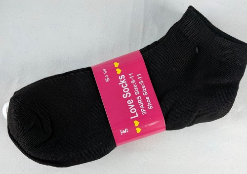 Love Socks Womens Ankle Socks 3 Pair Solid Black Cotton Spandex Sport NWT $5 - Picture 3 of 6