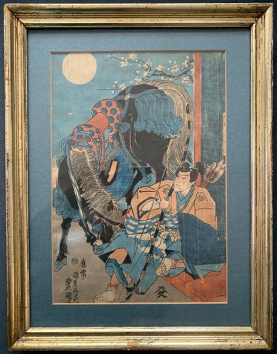 Utagawa Kunisada 1844 Woodblock Soga Gorō Tokimune Samurai Warrior Antique Frame