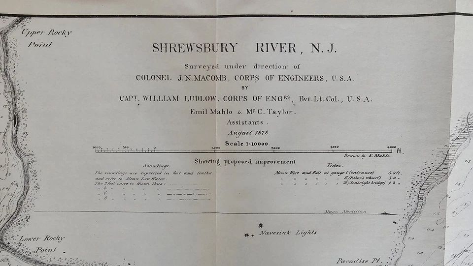 Mapa antiguo de 1880 Shrewsbury River NJ inspeccionado por el Cuerpo de Ingenieros 28x9 Foto 2 de 4
