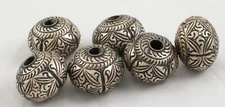 Six 97% Silver Traditional Antique Thai/Khmer 22mm X 16mm Silver Beads - Unused