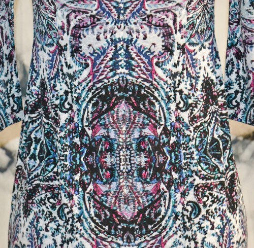 MAGGY LONDON Blue Purple Black Patterned Dress 4 3/4 Sleeves Lined Bodice - Picture 8 of 9