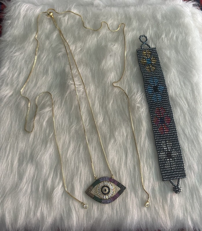 Rhinestone Eye Lariat Necklace & Beaded Bracelet 