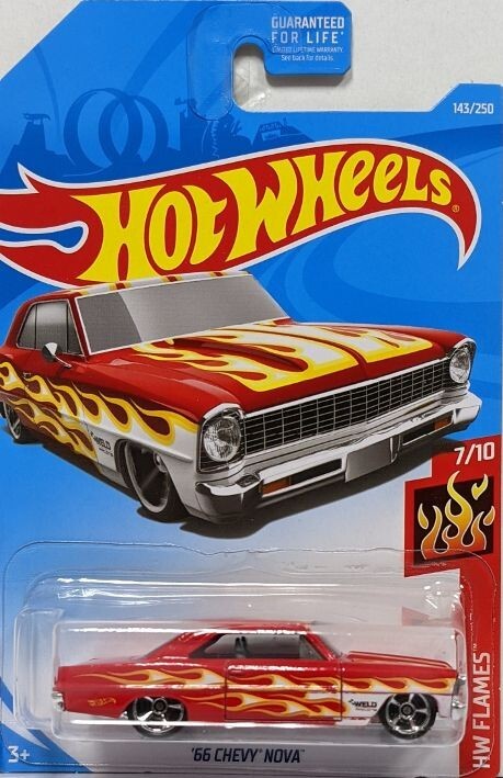 2019 Hot Wheels #143 HW Flames 7/10 '66 CHEVY NOVA Red w/Chrome MC5 Spoke Wheels