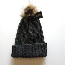 Grey Cable Knit Hat with Fluffy Pom  OS Beanie Cold Weather Cap Cottagecore