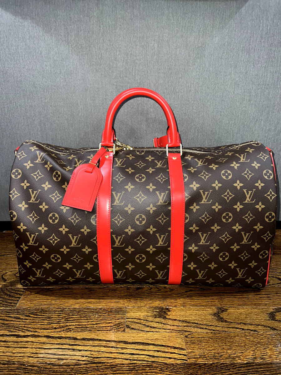 Louis Vuitton Keepall Bandouliere 50 Monogram Brown Red Logo