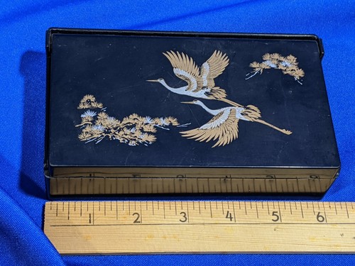 Vintage Celluloid Black Inlaid-Style Crane Bird Asain Design Mirror Makeup Jewel