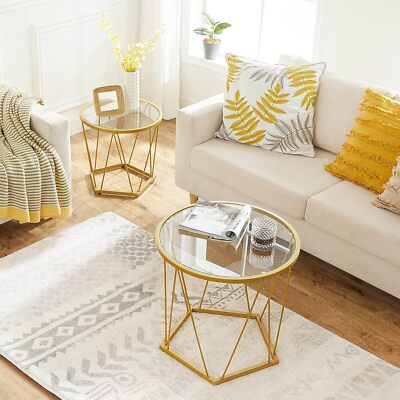 Small coffee table (set of 2), round coffee table with metal frame and glass top
