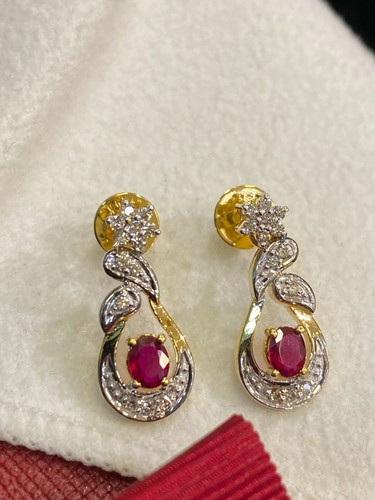 Pave 0.90 Cts Round Brilliant Cut Diamonds Ruby Dangle Earrings In 585 14K Gold - Picture 5 of 12