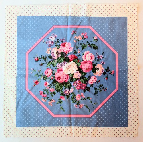 VINTAGE 90's Cranston ROSES Fabric Pillow Panel Remnant Country Blue Pink - Picture 1 of 2