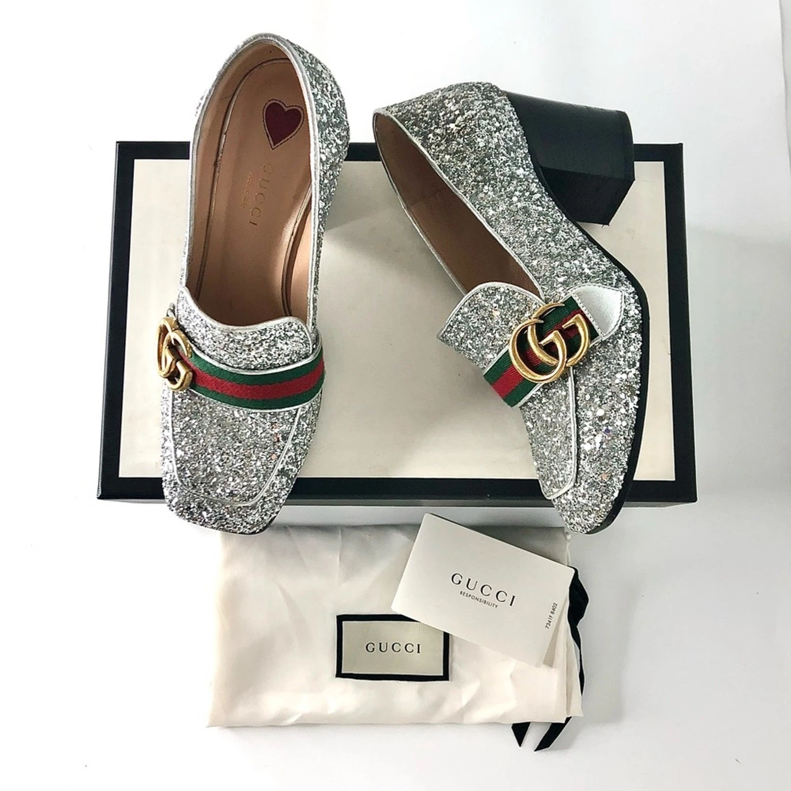 Mocassins à talons Gucci Web Stripe GG Peyton argent paillettes bout carré plateforme 36