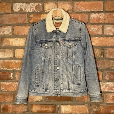 Levi s Denim Sherpa Jacke Damen XS blau Fleece gefüttert Red Tab Trucker Borg