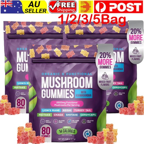Mushroom Gummies-Supplement with Ashwagandha Functional Mushroom Gummies 1-5X - Picture 1 of 14